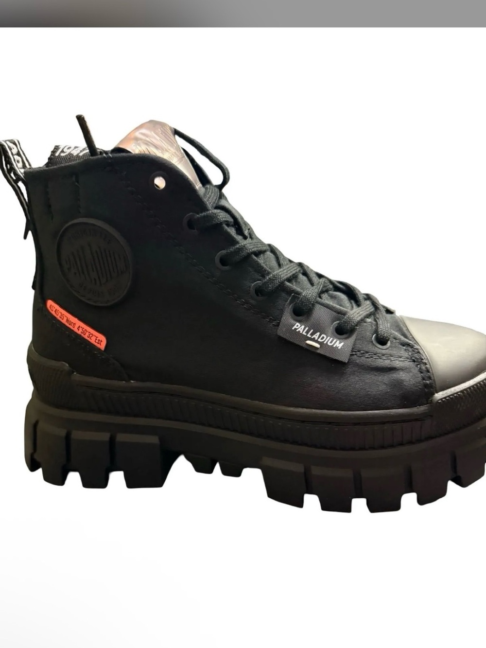 Palladium Black High-Top Combat Boot with Orange Tab